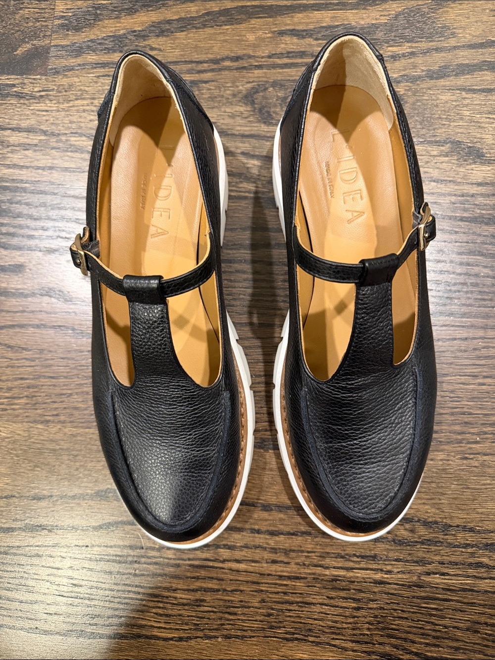Black Leather T-Strap Platform Flats for Women